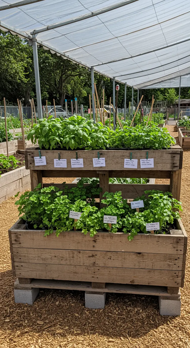 A two-tiered wooden crate herb planter raised on blocks in a community garden.