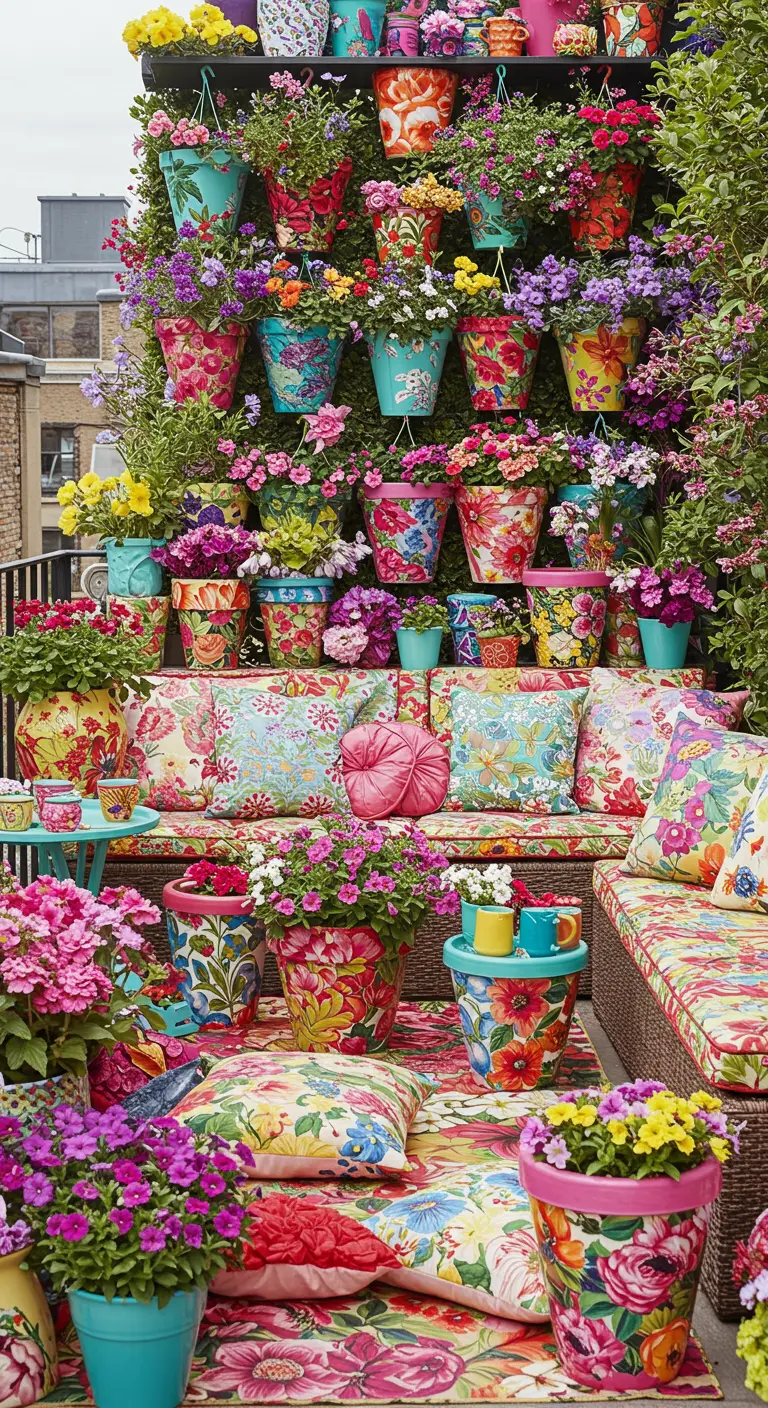 A maximalist balcony overflowing with flowers, with floral patterns on pots and cushions.