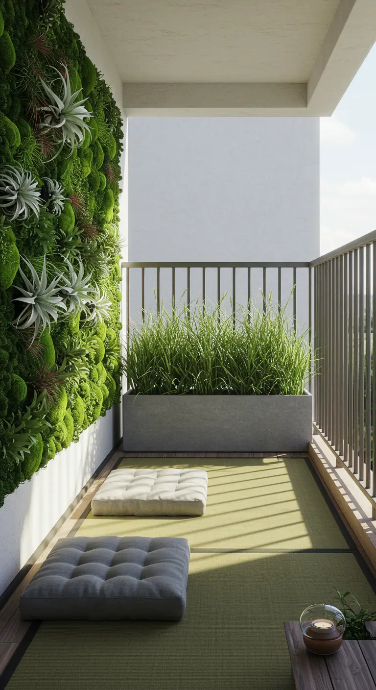 A serene balcony with a wall covered in various mosses and air plants, with floor cushions.