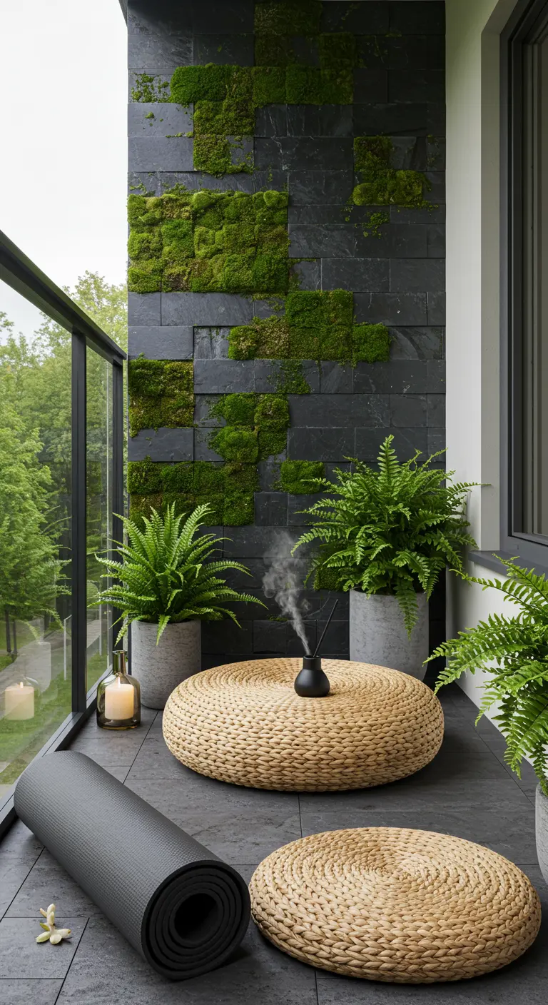A modern balcony with a slate wall featuring patches of moss, used as a yoga space.