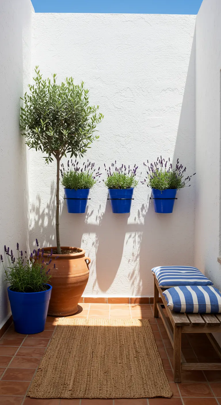 A sun-drenched white balcony with bright blue pots of lavender and an olive tree.