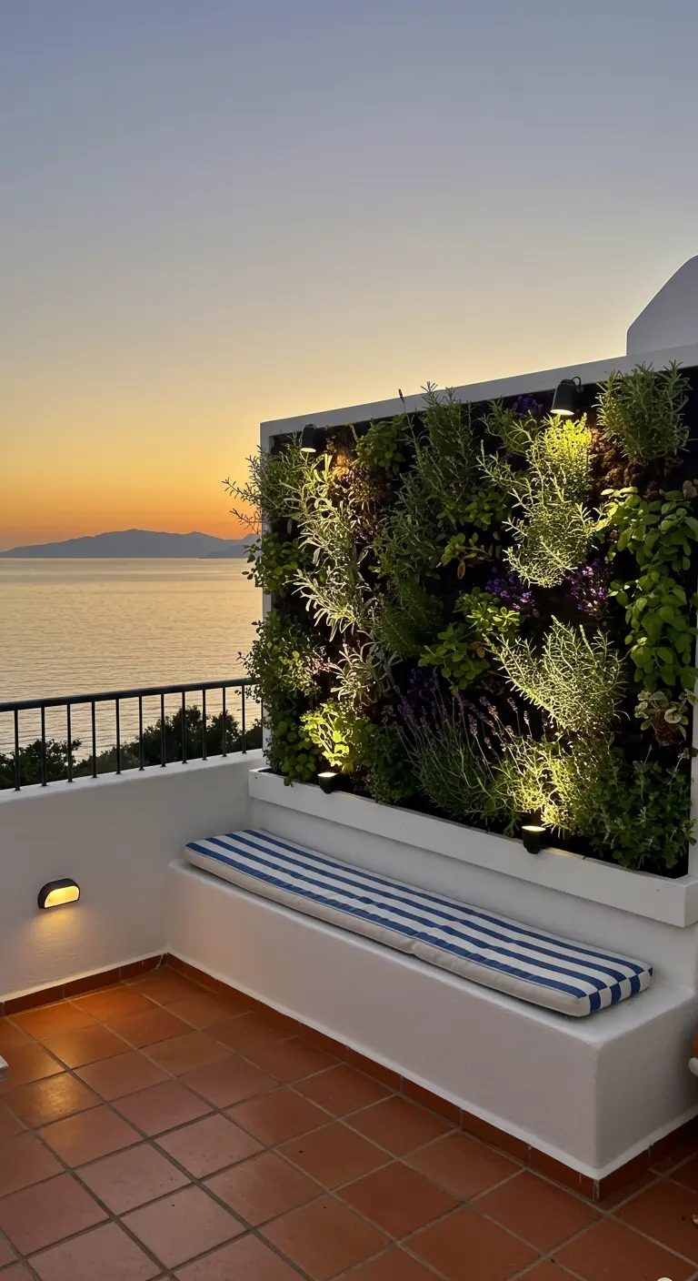 A Mediterranean terrace at sunset with a wall of herbs and lavender above a built-in bench.