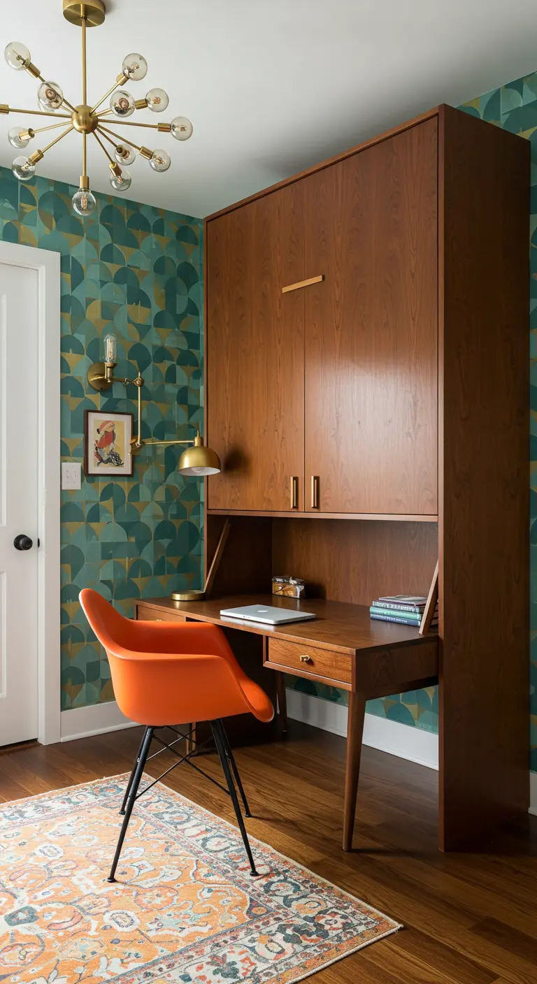 Mid-century modern Murphy bed unit with a fold-down desk and an orange chair.