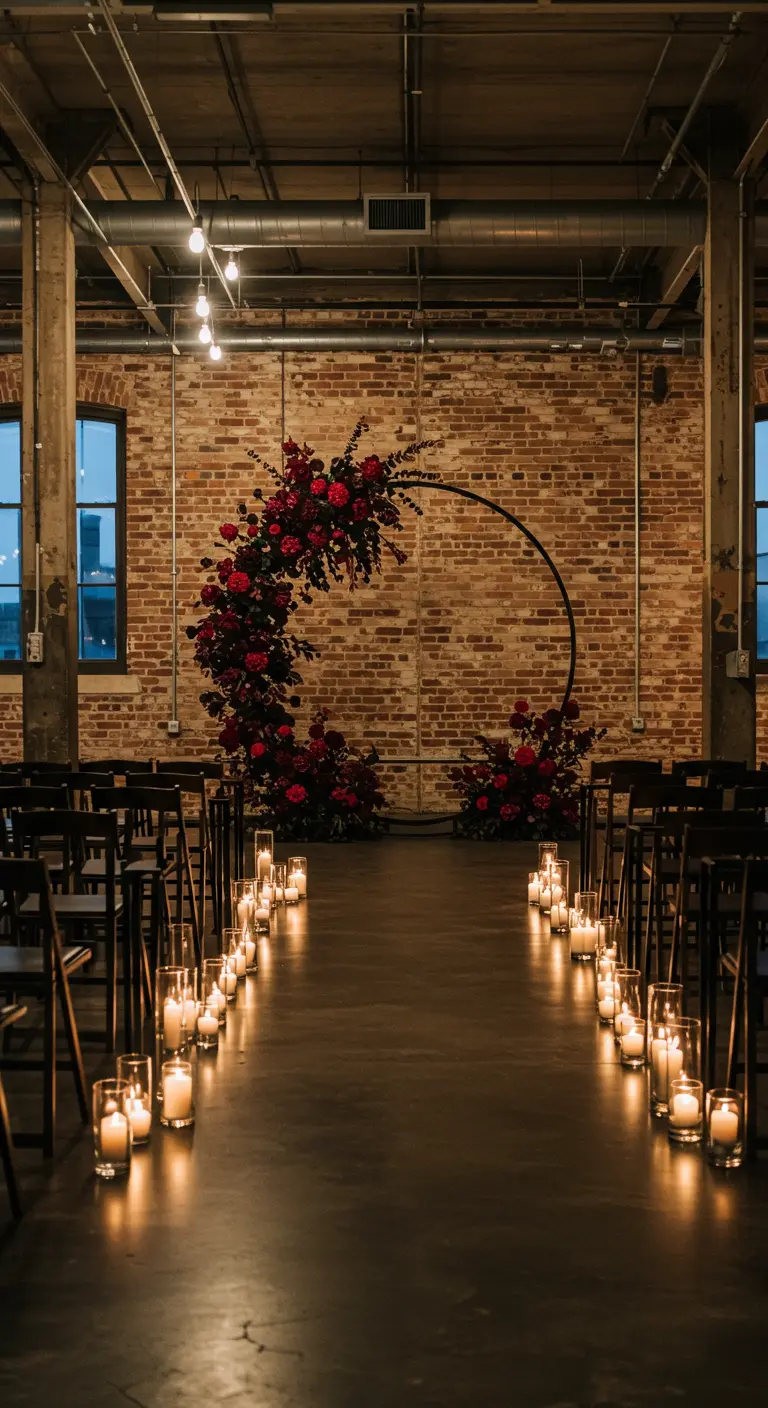 Circular wedding arch with burgundy flowers and a candlelit aisle in an industrial loft setting.