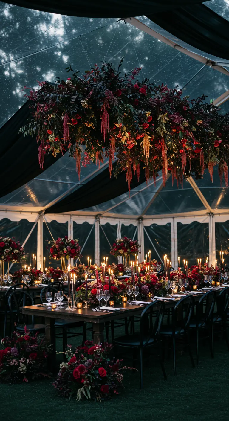 A huge hanging floral installation with red flowers and greenery over tables in a clear tent.