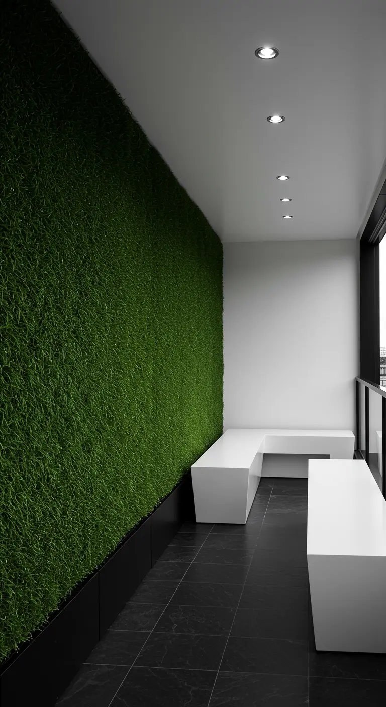 A minimalist balcony with a wall covered in uniform green grass-like texture and a white geometric bench.