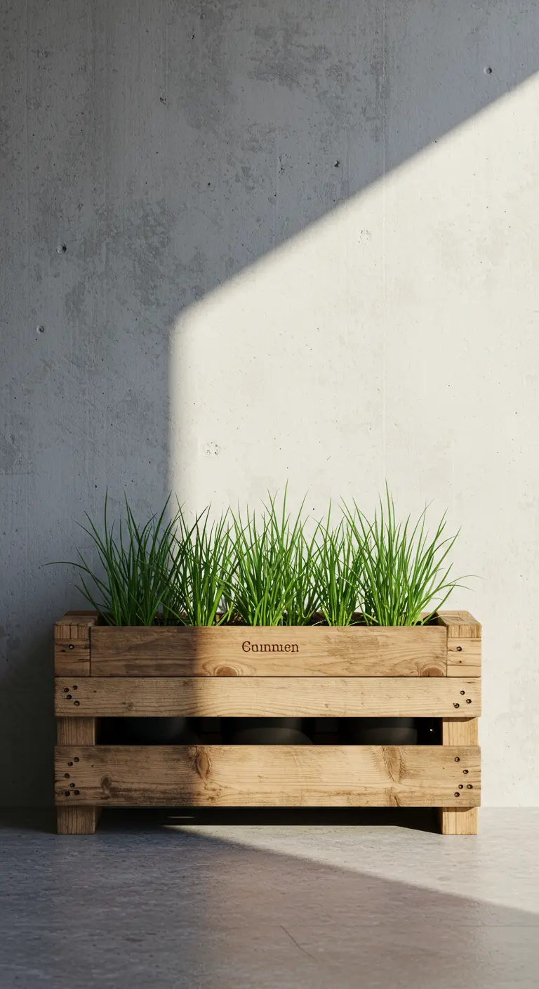 A minimalist wooden crate planter with rows of chives against a concrete wall.