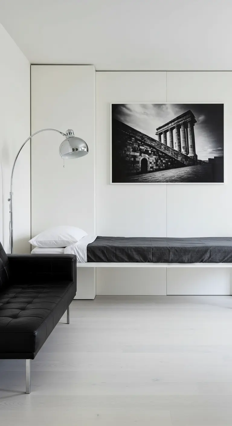 Minimalist room with an open Murphy bed featuring a large black-and-white photograph.
