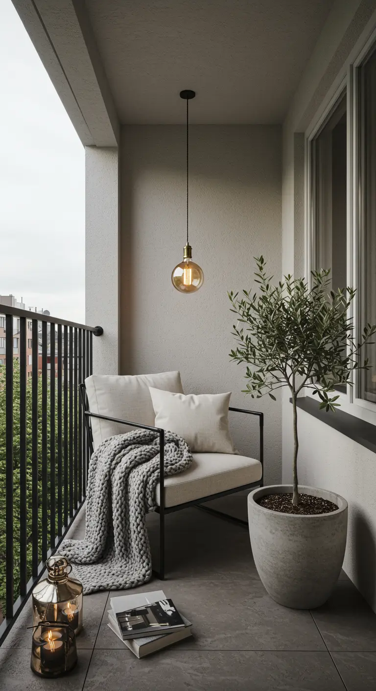 Cozy balcony corner with a cream armchair, knit throw, and a potted olive tree.