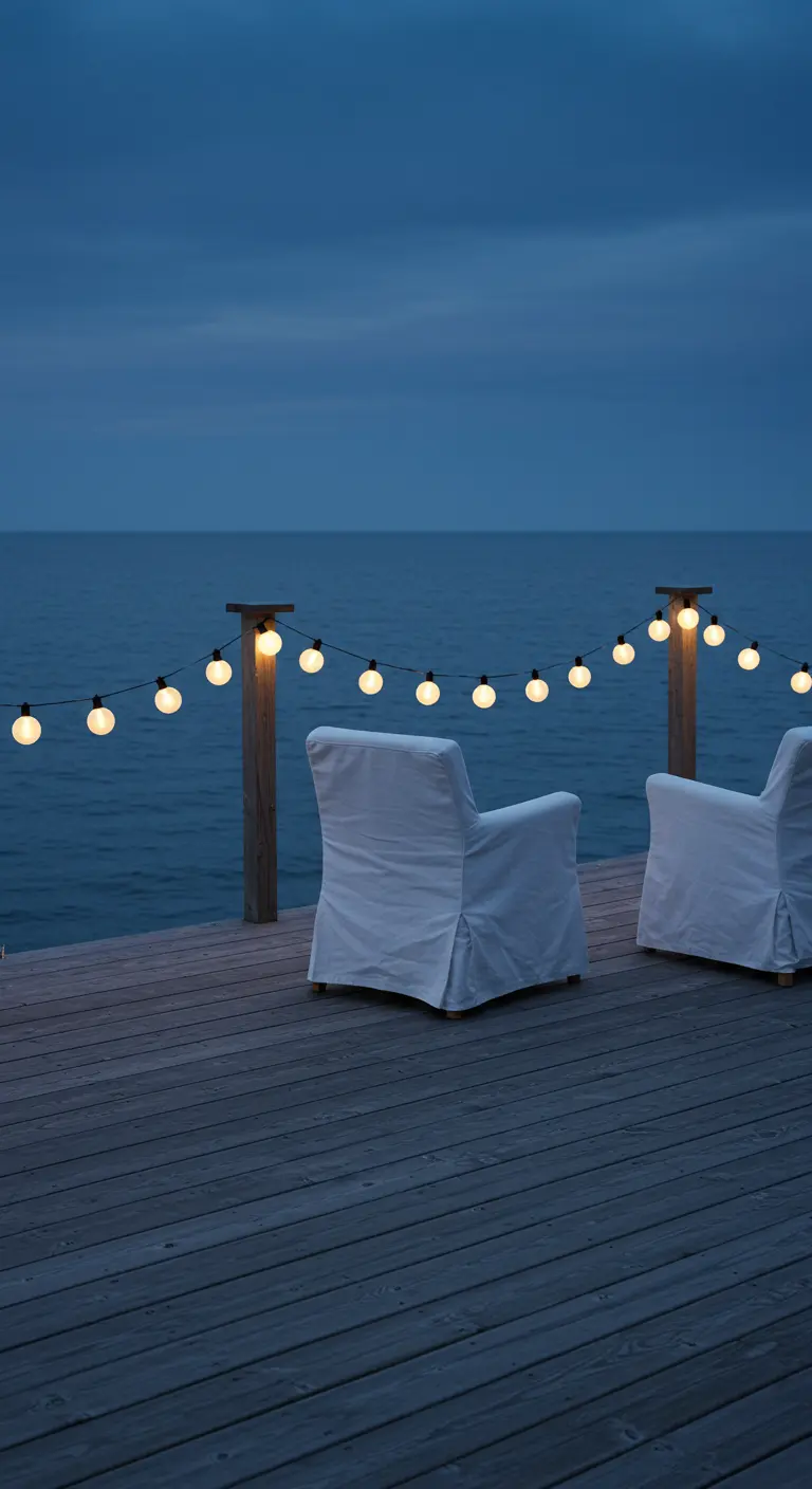 Two white slipcovered chairs on a wooden dock facing the sea, with a string of globe lights overhead.