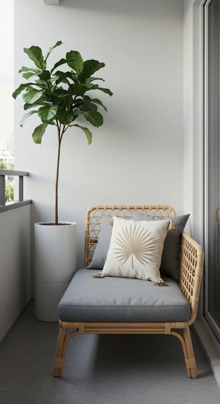A single tall fiddle-leaf fig next to a compact rattan loveseat on a small balcony.