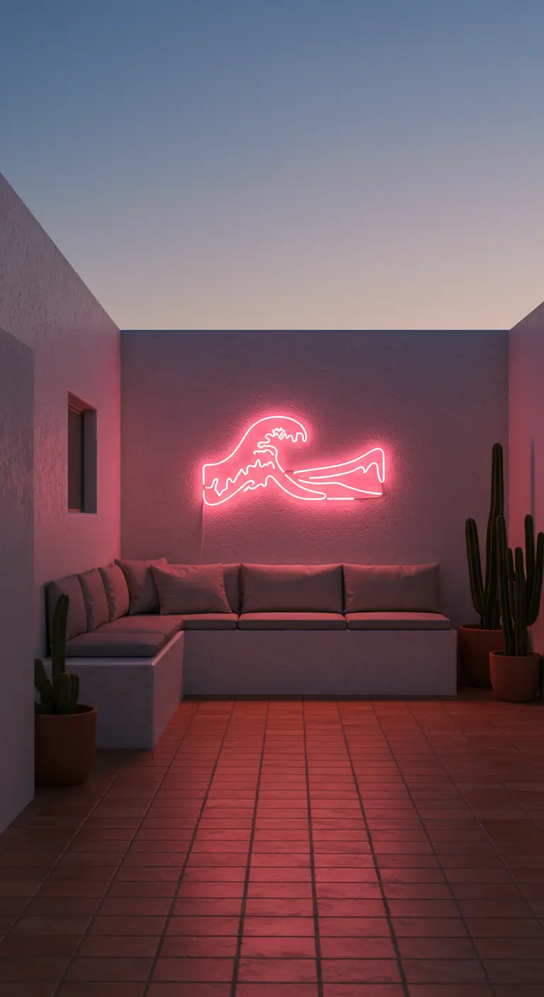 A minimalist patio with a built-in sofa, cacti, and a neon wave sign glowing pink at dusk.
