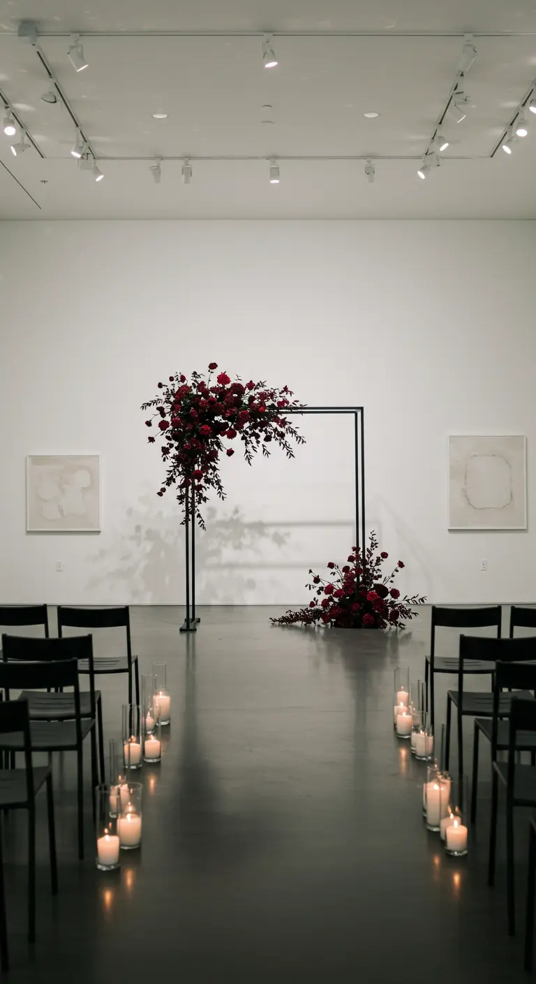 A minimalist black wedding arch with burgundy flowers in a white art gallery.