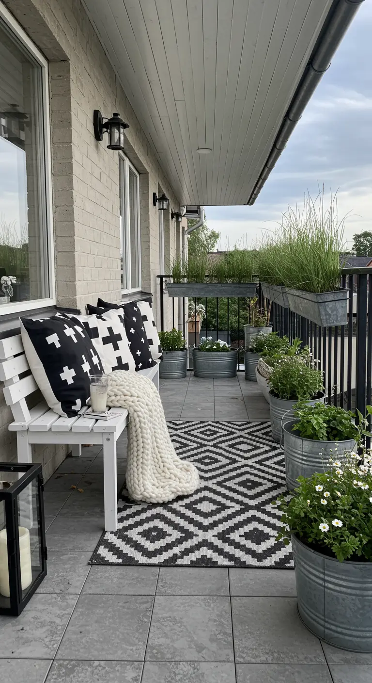 Cozy balcony with a white bench, knit throw, and galvanized planters.