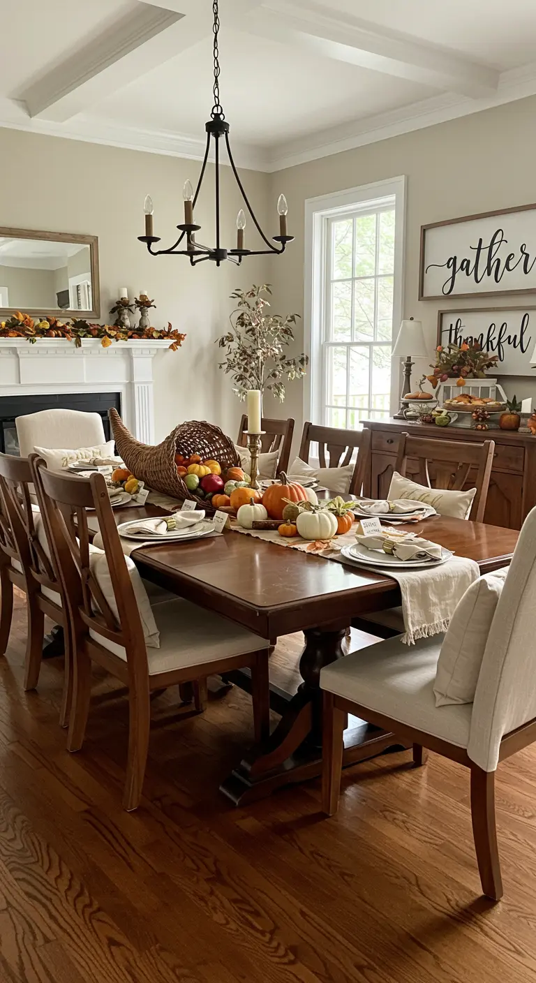 Modern farmhouse dining room set for Thanksgiving with a cornucopia centerpiece and wall signs.