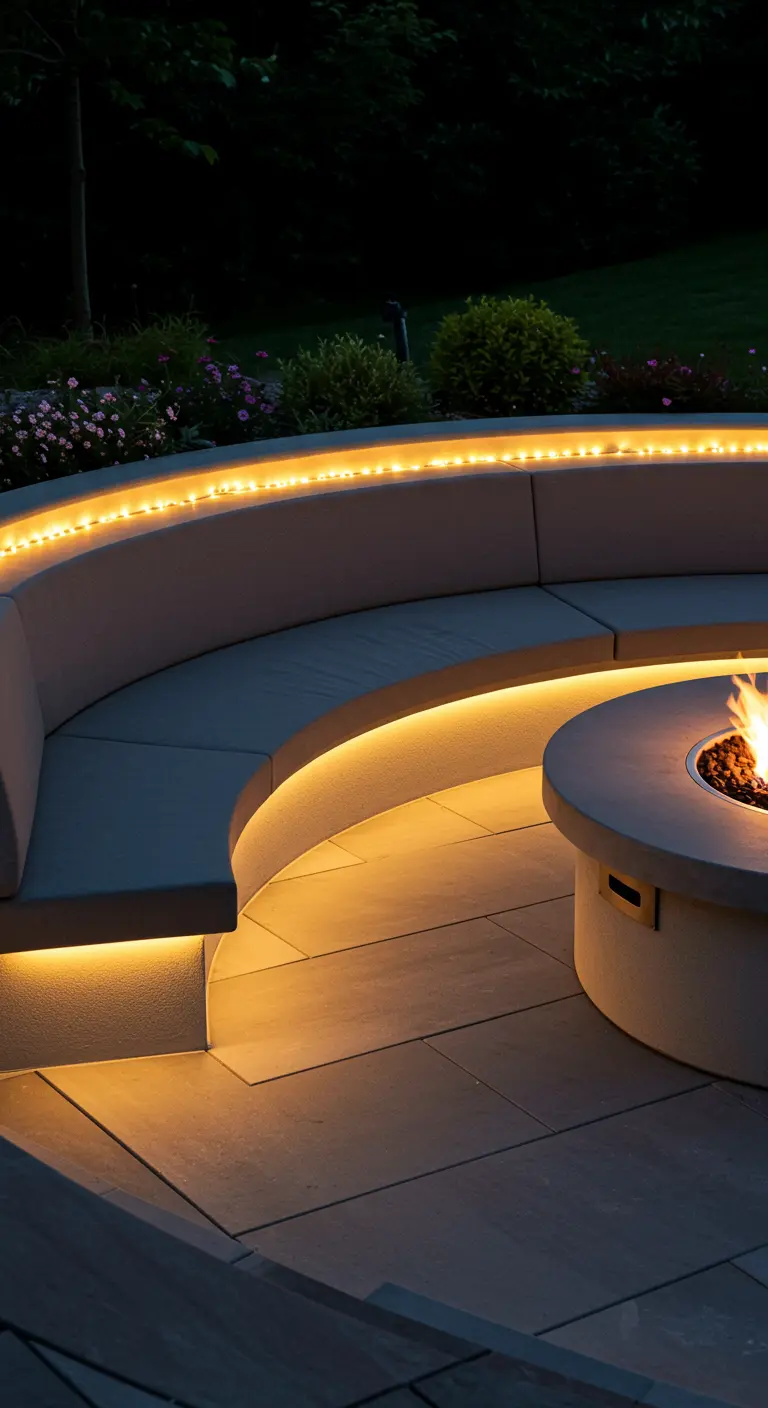 A modern, curved concrete bench on a patio, lit from underneath with a warm LED strip light.