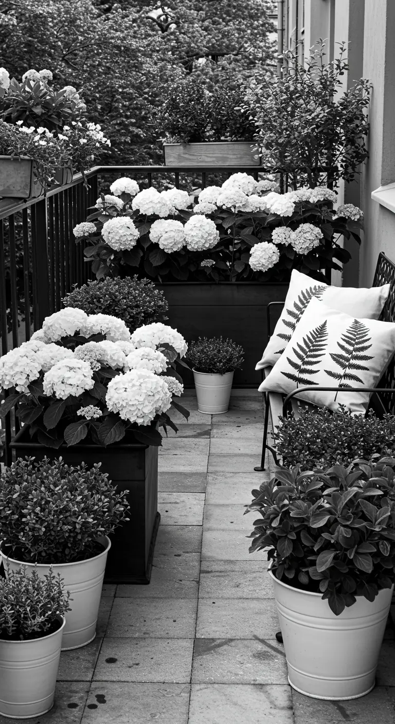 Balcony filled with planters of voluminous white hydrangeas.
