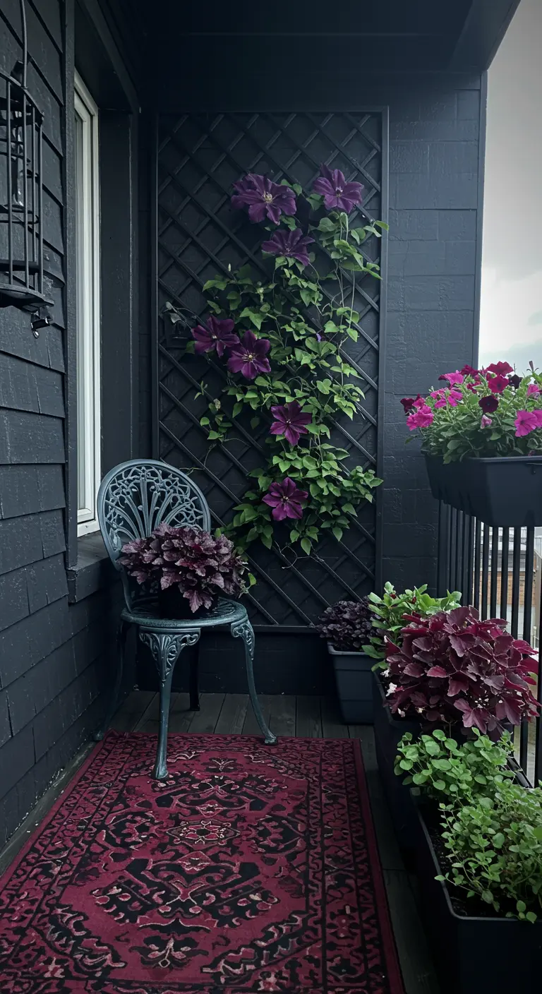 A dark, moody balcony with black walls, a purple clematis, and a red Persian rug.