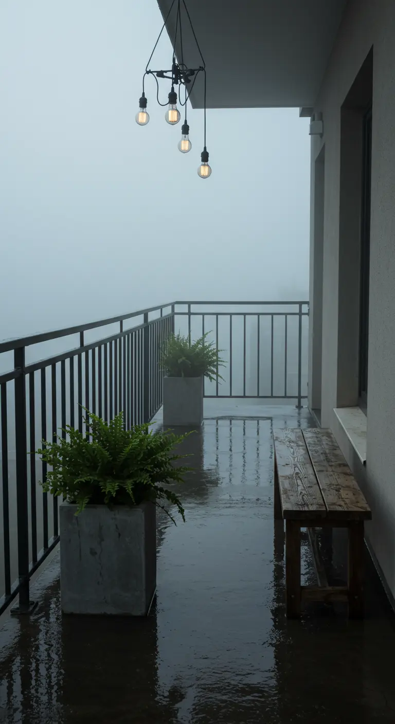 A foggy, rainy balcony with two large concrete planters filled with Boston ferns.