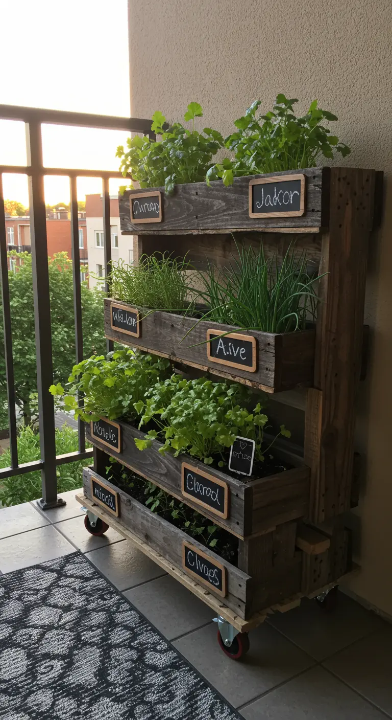 A vertical pallet herb planter on wheels with small chalkboard labels.