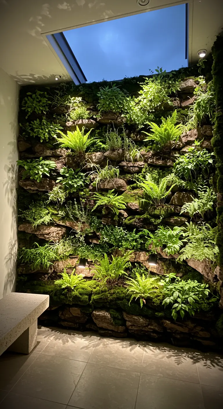 A green wall designed with realistic rock ledges, moss, and ferns, lit from below and by a skylight.
