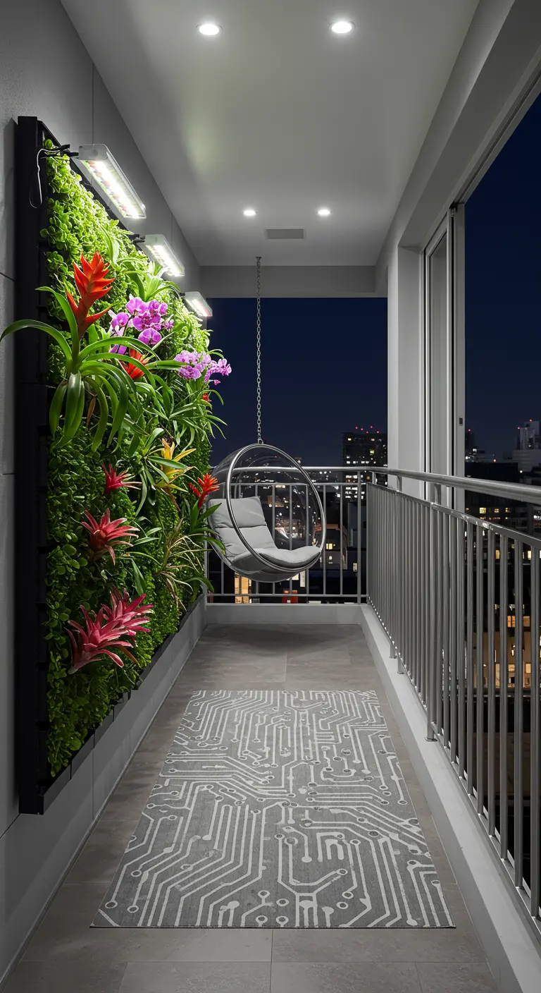 A modern balcony with a green wall featuring orchids and bromeliads, lit by grow lights.