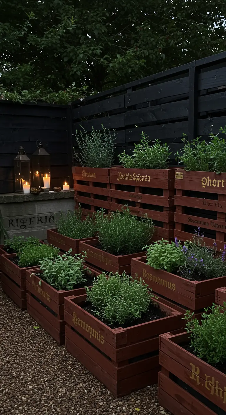 Dark red-brown pallet planters with gold gothic script on a gravel patio.