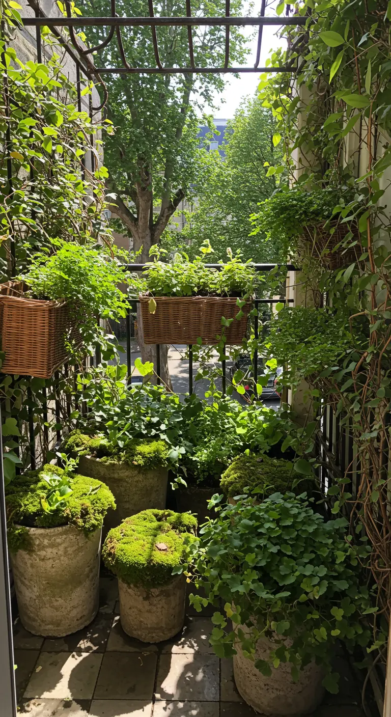 A lush, narrow balcony with moss-covered concrete planters and climbing vines.
