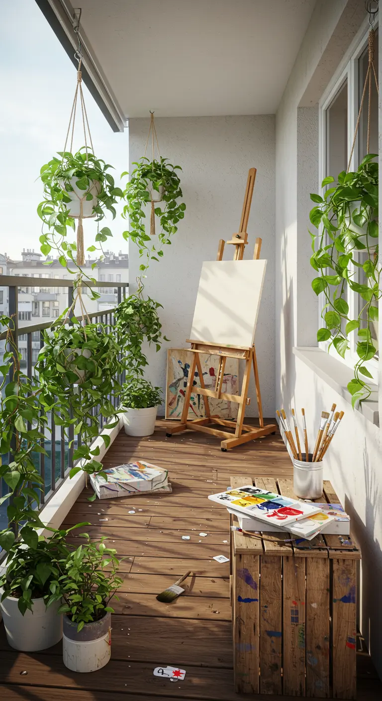 Balcony set up as an artist's studio with an easel and paints.