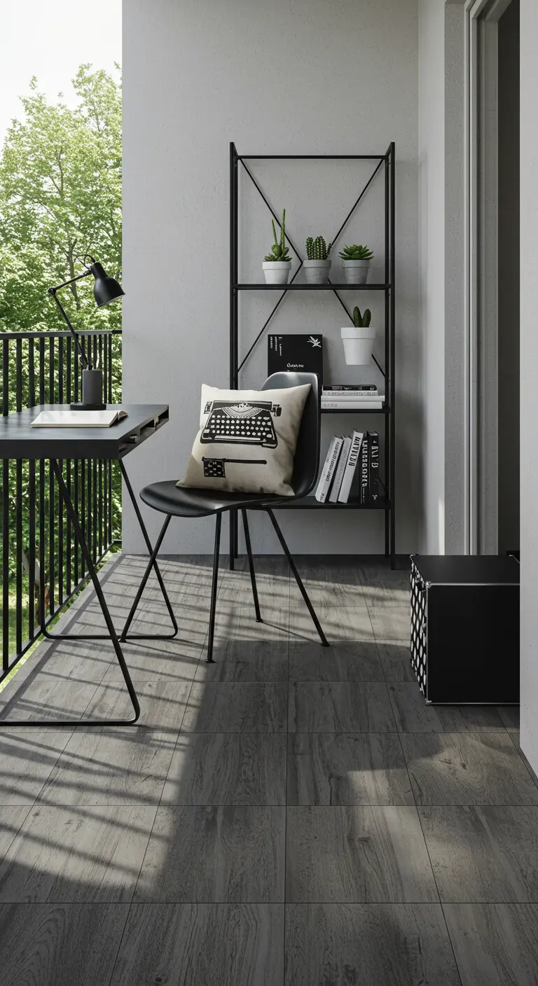 Balcony set up as a home office with a black desk and shelves.