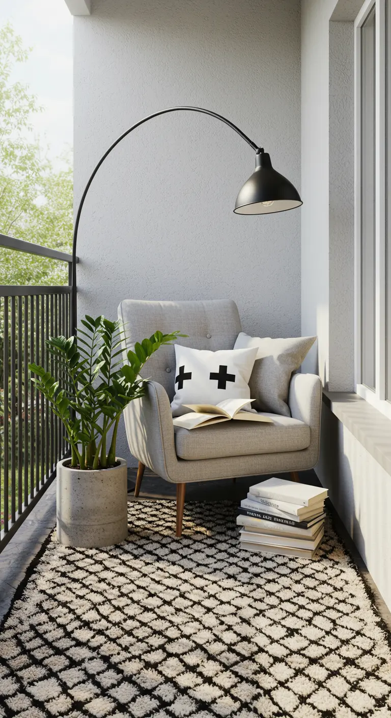 Cozy balcony reading nook with an armchair and an arc floor lamp.