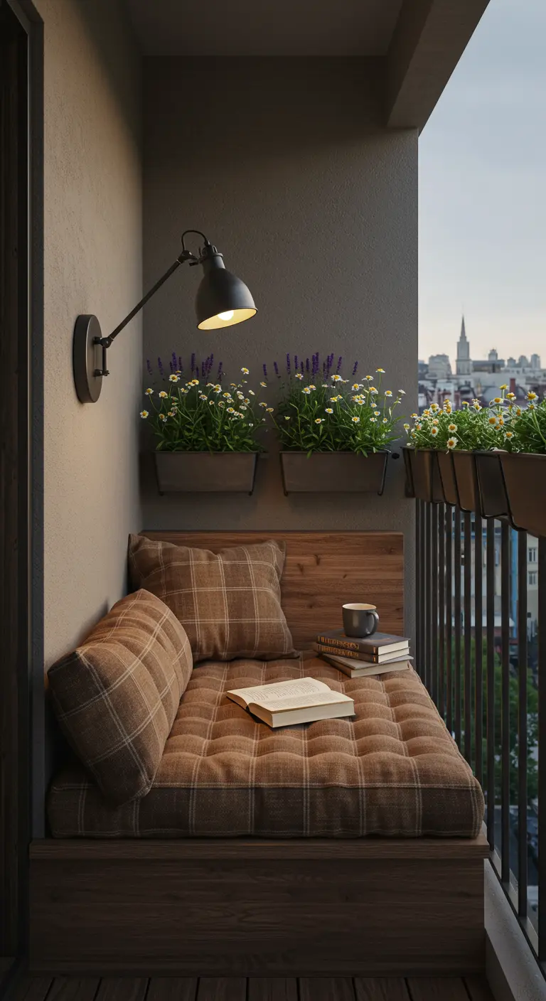 A cozy balcony reading nook with a deep daybed, plaid cushions, and a wall-mounted lamp.