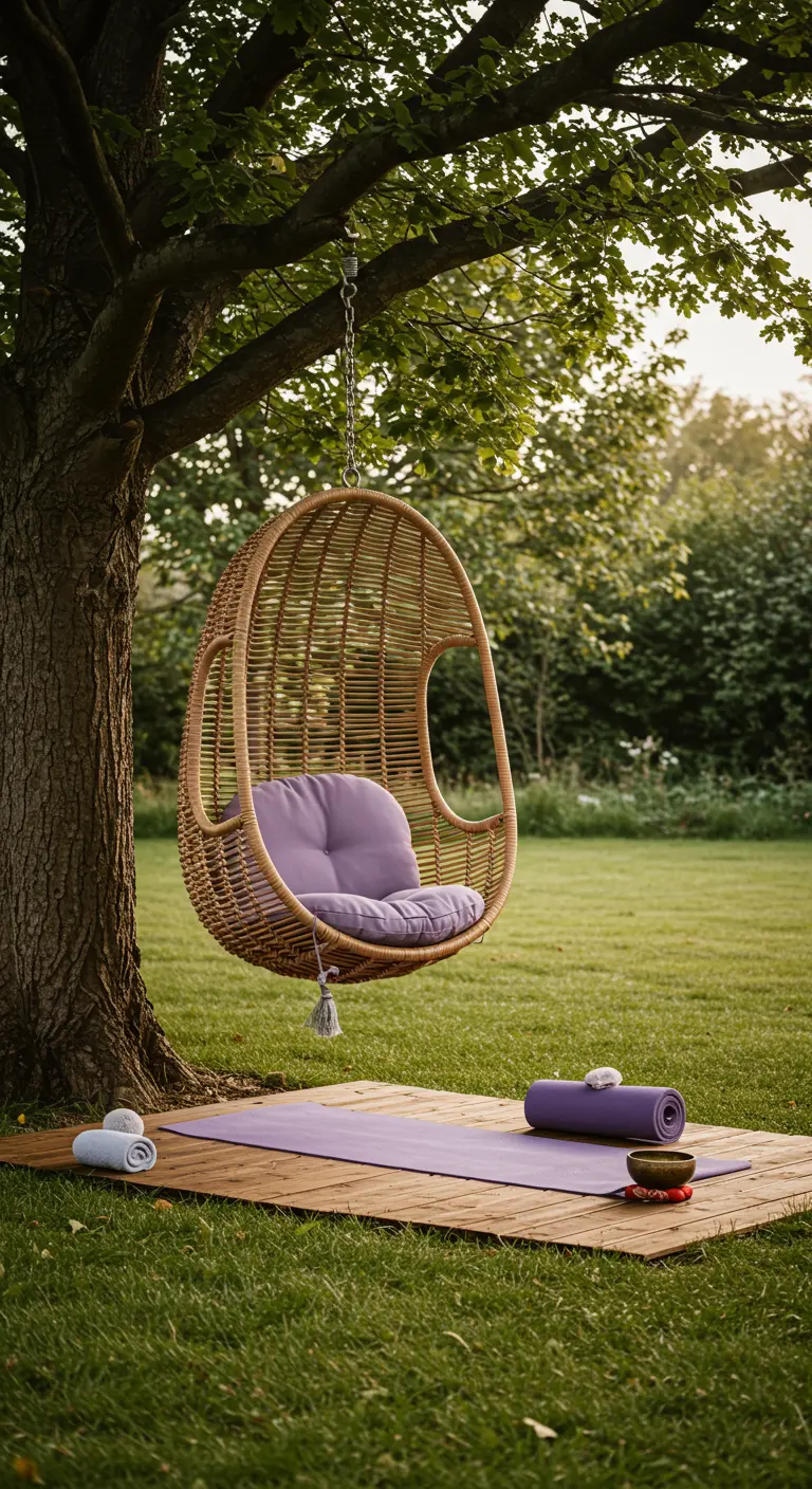 A rattan egg chair with a lavender cushion next to a yoga mat on the grass.