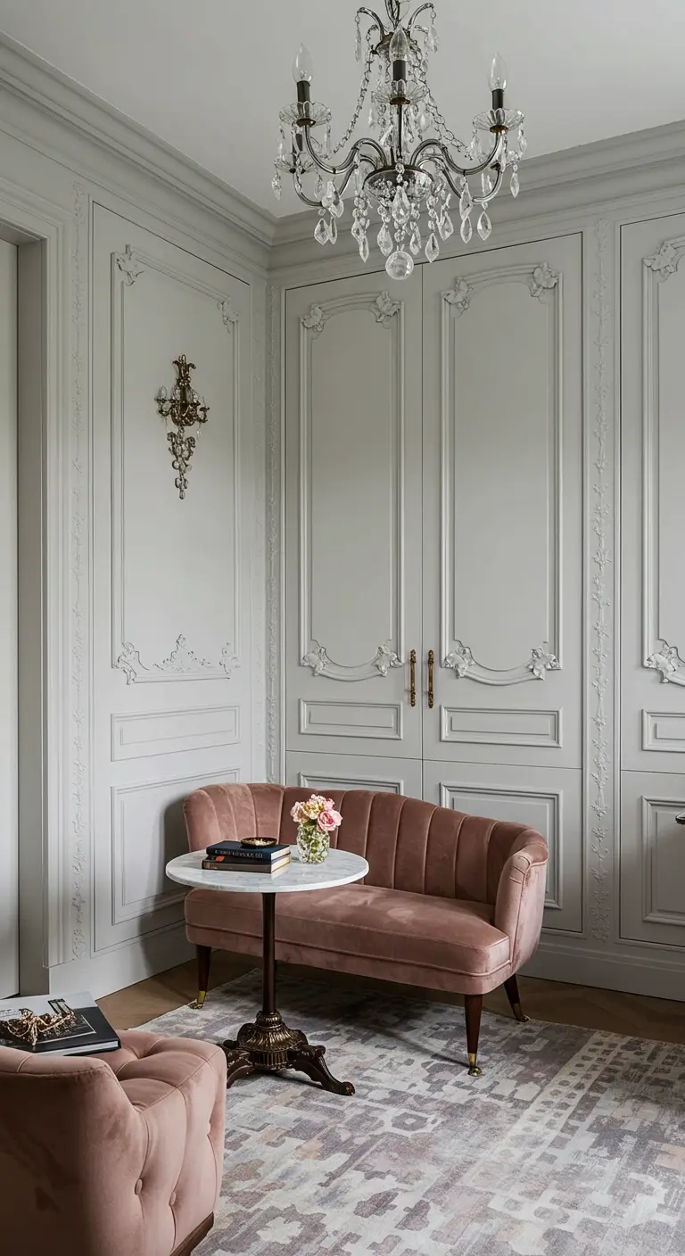 Ornate grey paneled walls in a Parisian-style room, with a Murphy bed hidden behind.