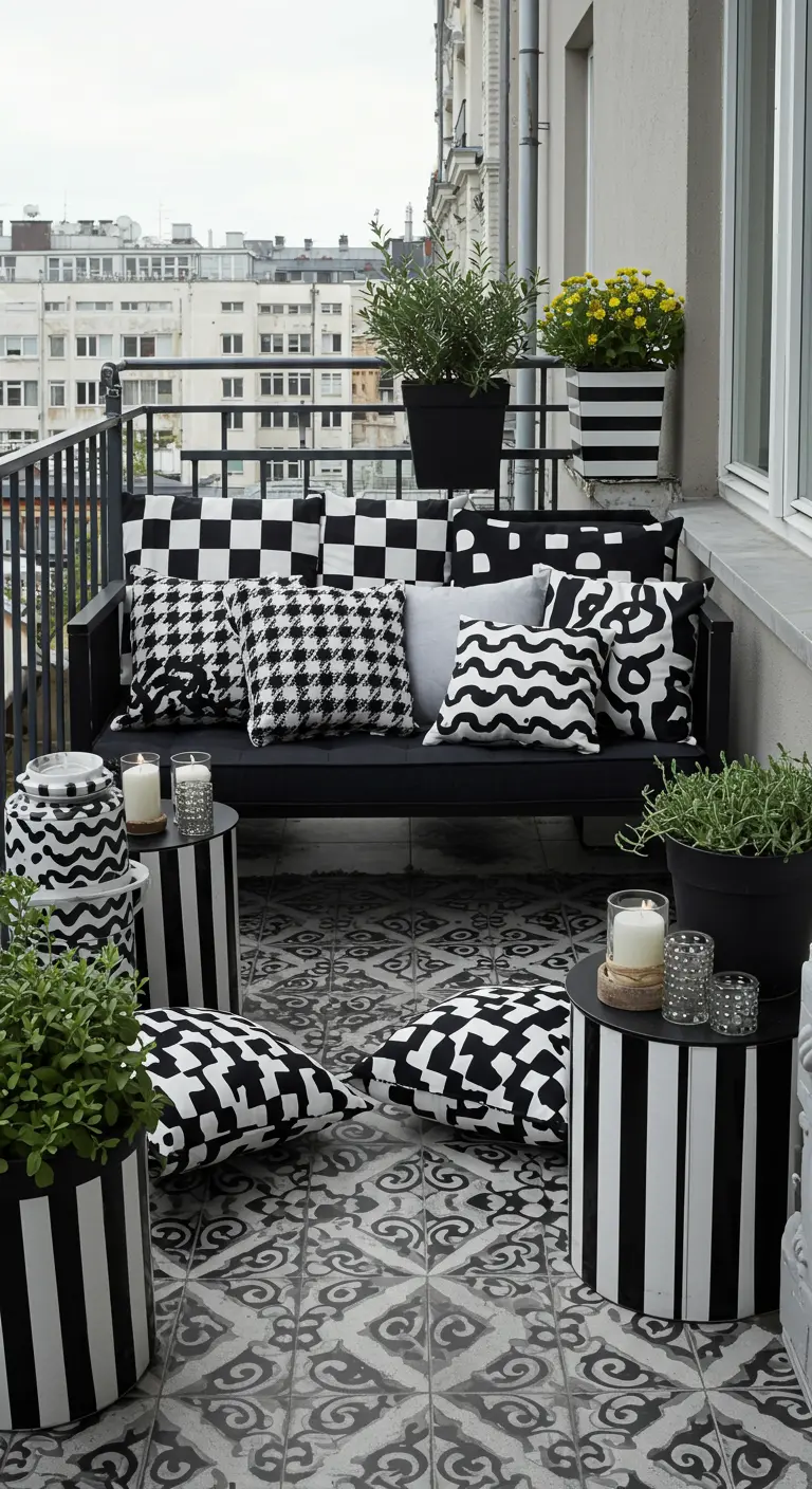 Balcony filled with a mix of black and white patterned pillows and decor.