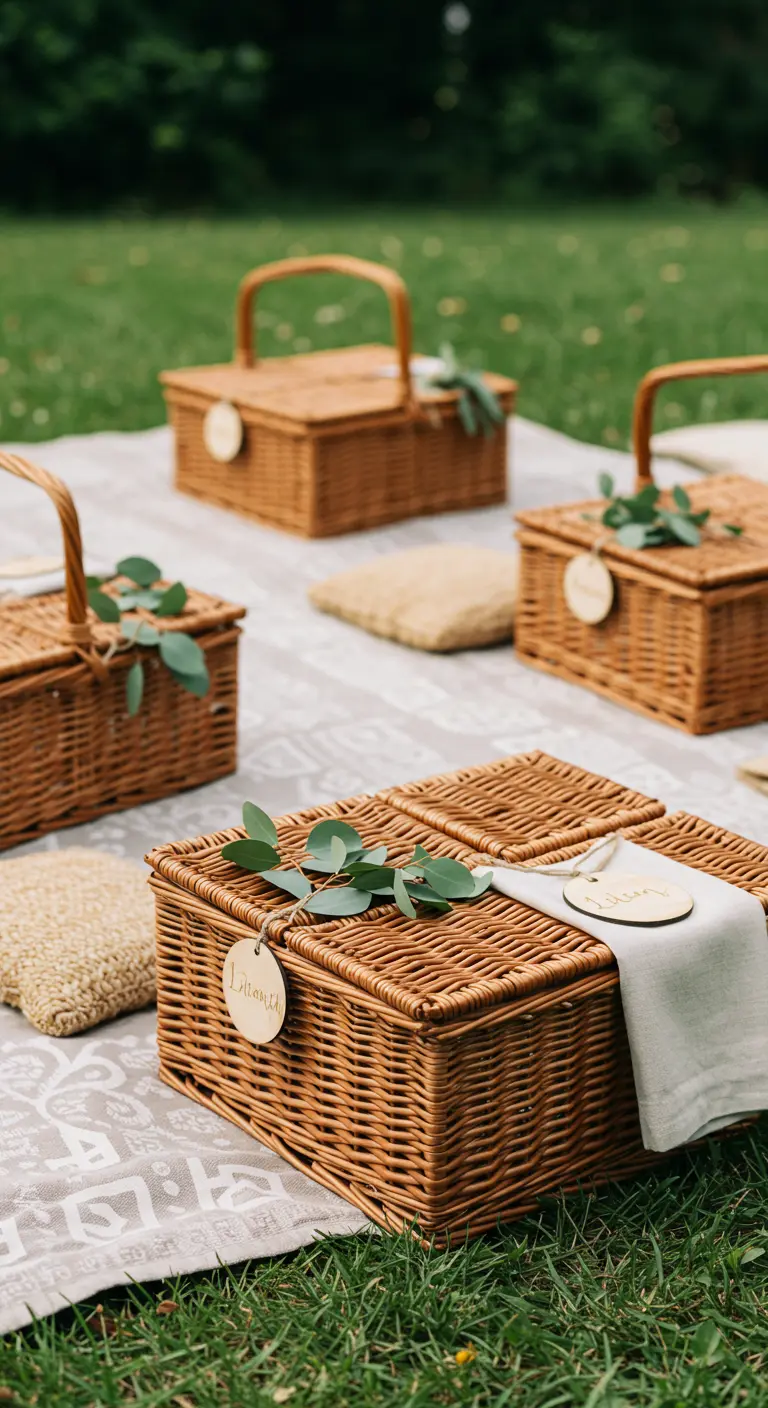 Individual picnic baskets on a blanket, each with a personalized wooden name tag and eucalyptus.