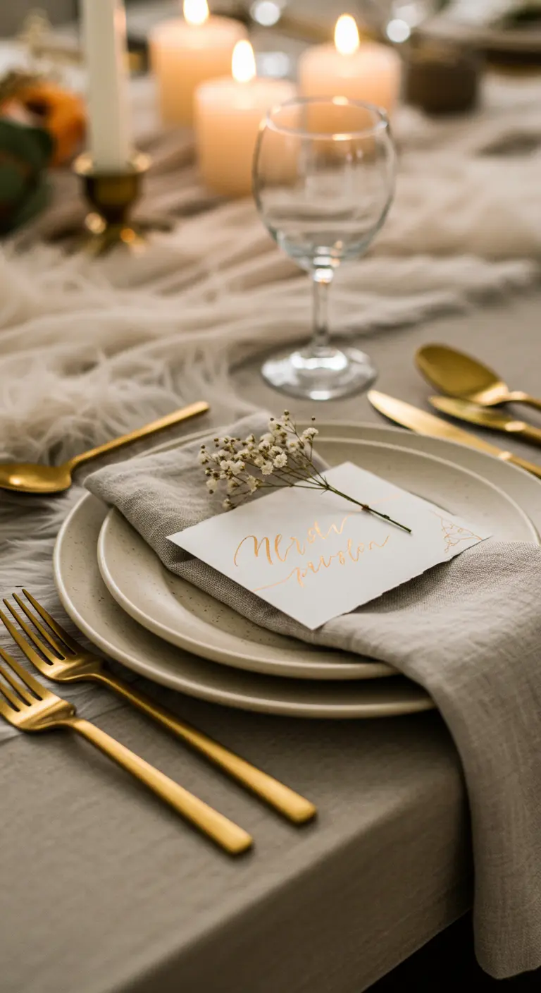 A close-up on a dinner plate with a linen napkin and a handwritten place card.