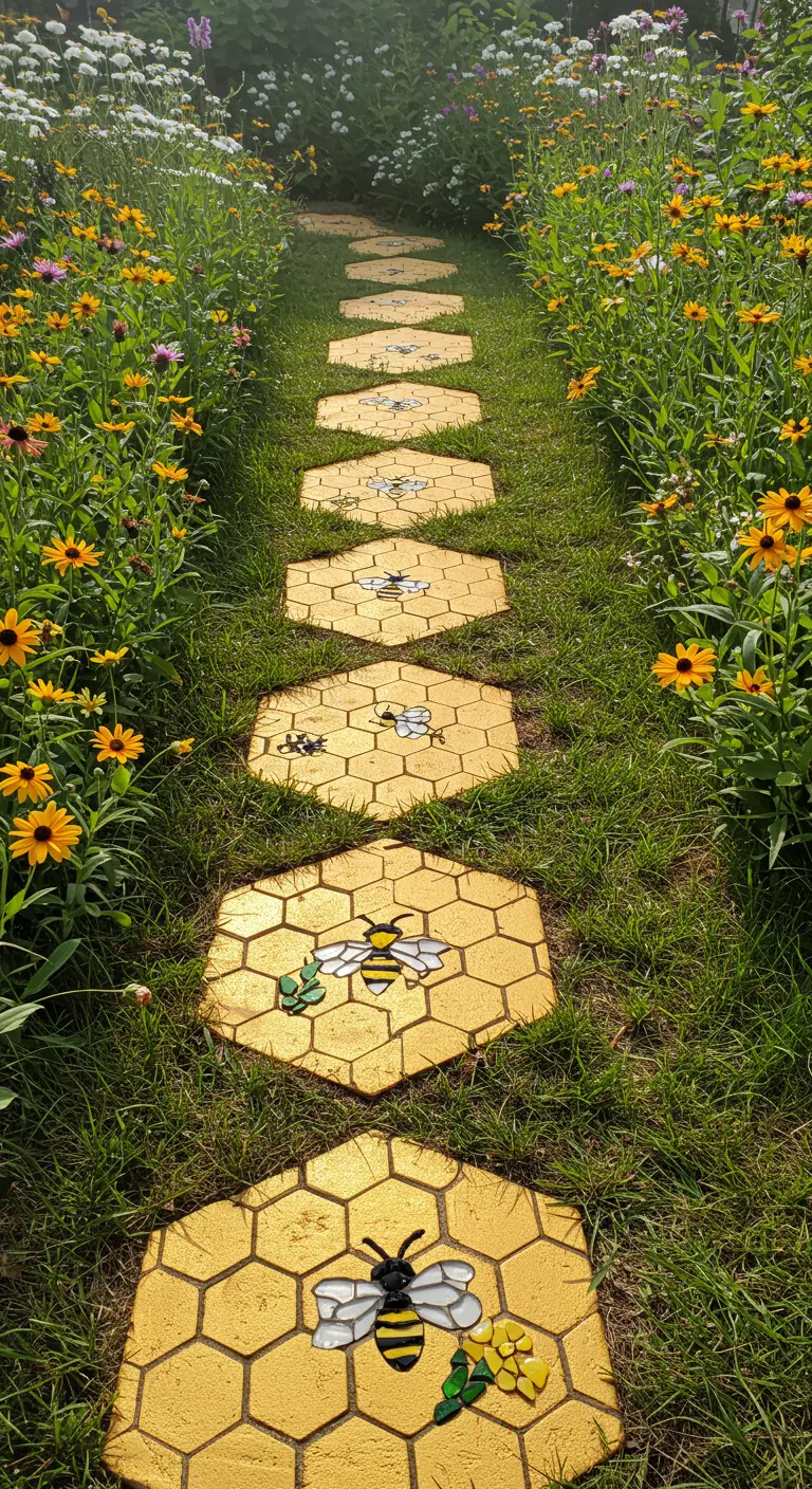 Golden yellow honeycomb-shaped pavers with bee mosaics, leading through a wildflower garden.