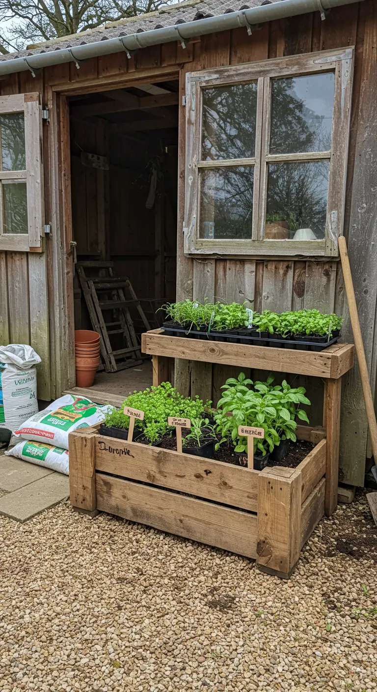 A rustic two-level wooden planter outside a shed, filled with herb seedlings.