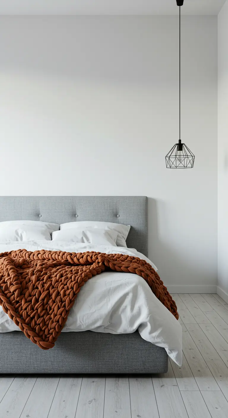 A burnt orange chunky knit throw blanket on a minimalist grey bed.