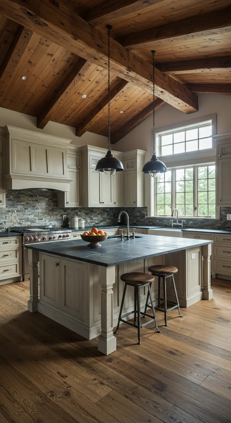 Rustic kitchen with vaulted cedar ceiling, greige cabinets, and slate island.