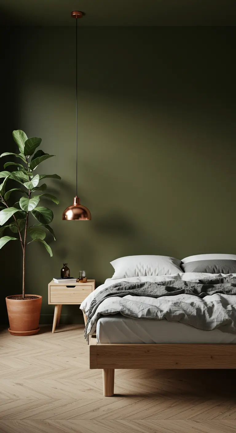 Minimalist bedroom with an olive-green wall, a single copper pendant, and a large potted plant.