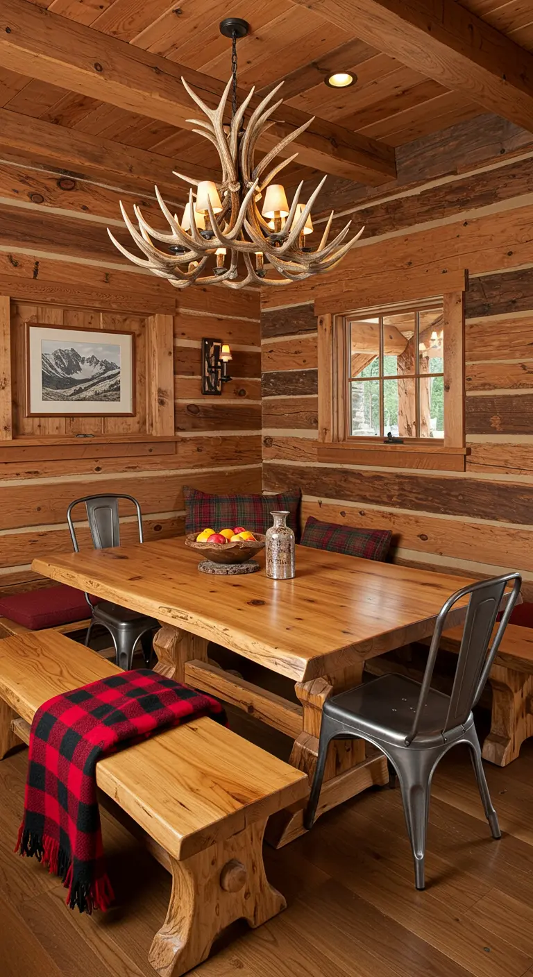 Rustic log cabin dining nook with a large antler chandelier and a plaid blanket on the bench.