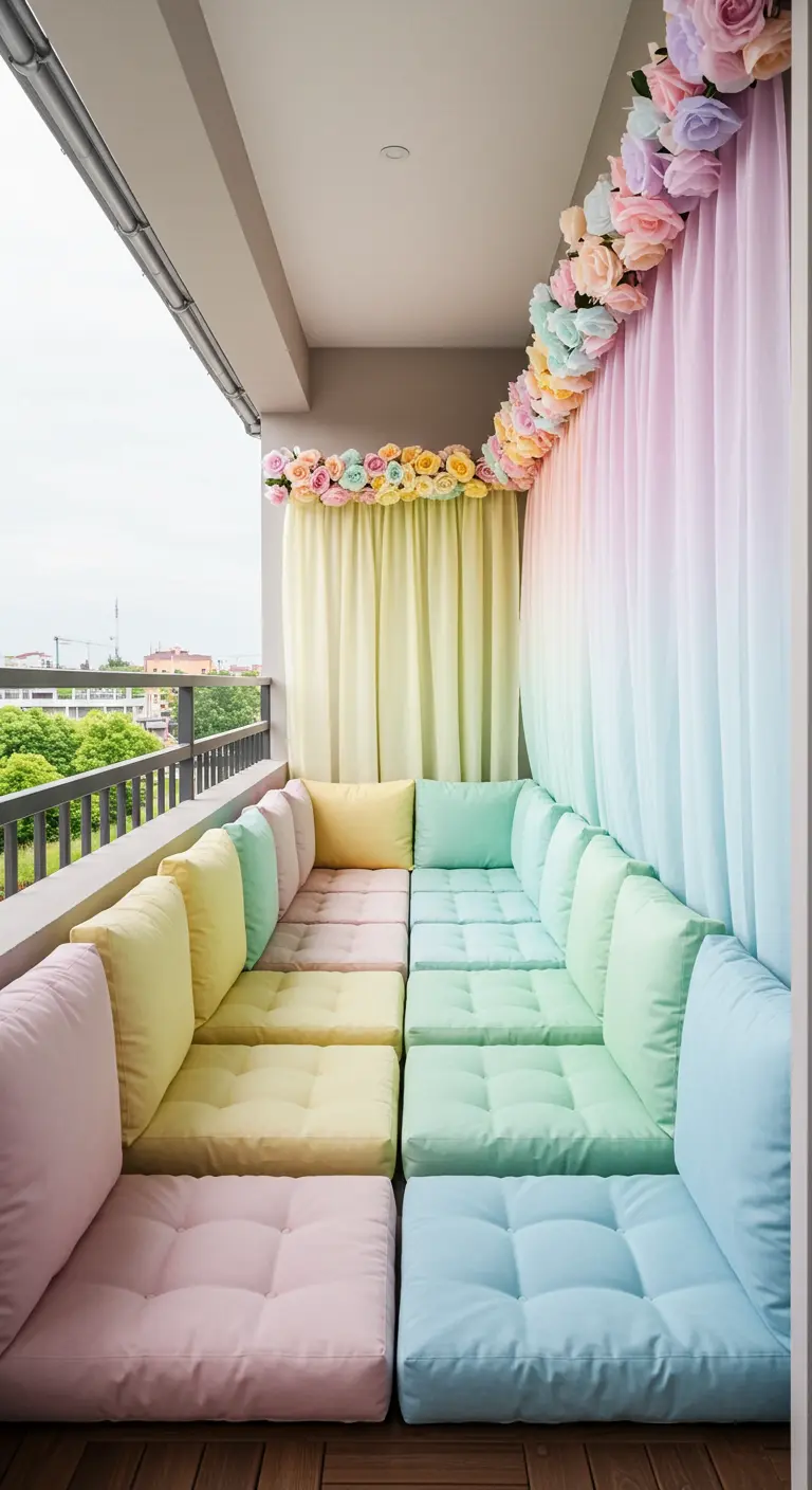 A balcony with a rainbow of pastel floor cushions and a floral garland along the top of sheer curtains.