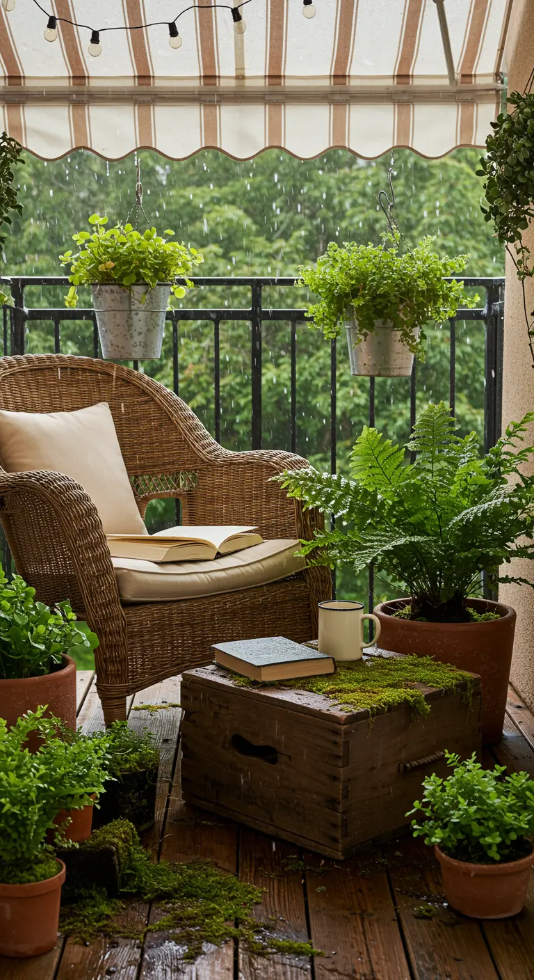 A cozy, rain-speckled balcony with a wicker chair, a moss-covered crate, and hanging plants.