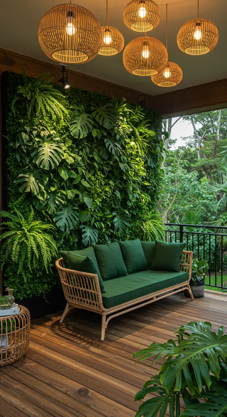 A covered porch with a tropical green wall, a rattan sofa with green cushions, and hanging woven lamps.