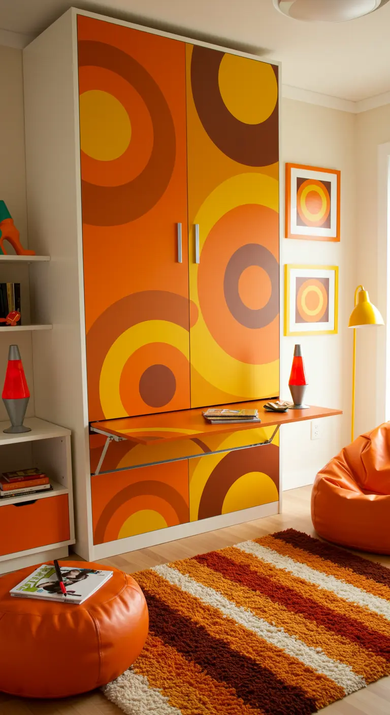 Murphy bed unit with a bold orange and yellow 70s circular pattern and a desk.