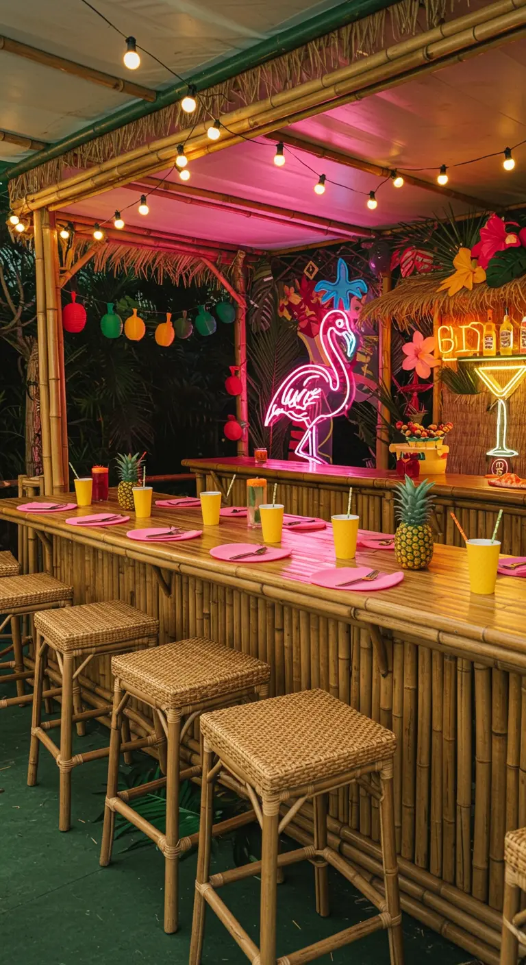A vibrant tiki bar with a pink neon flamingo, bamboo structure, and rattan stools.