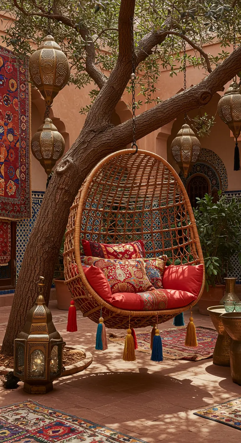 A rattan egg chair with red patterned pillows in a Moroccan-style courtyard with lanterns.
