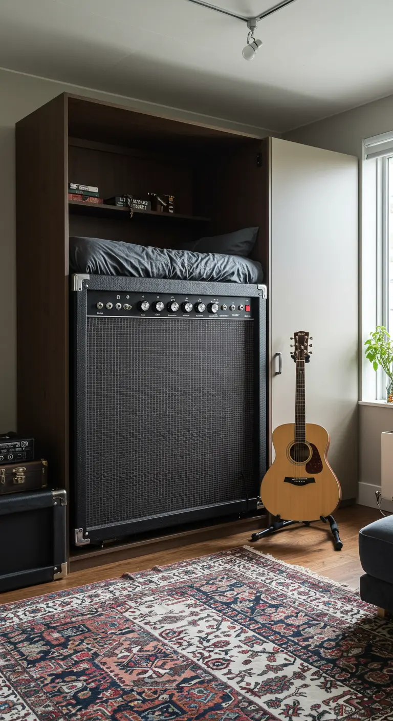 A Murphy bed disguised to look like a large, vintage guitar amplifier.